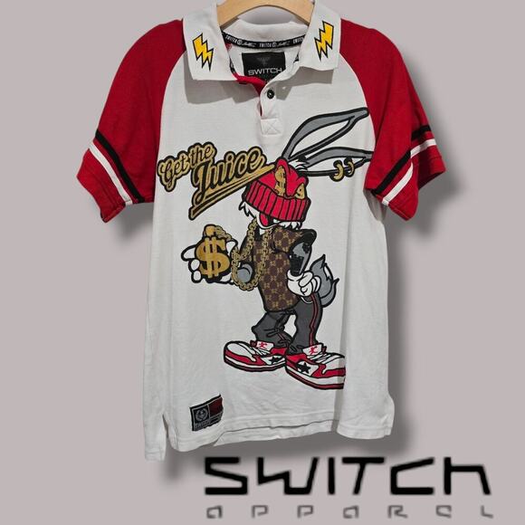 SWITCH Men’s Looney Tunes Bugs Bunny “Get The Juice” Polo Shirt – Size Small - Picture 7 of 8